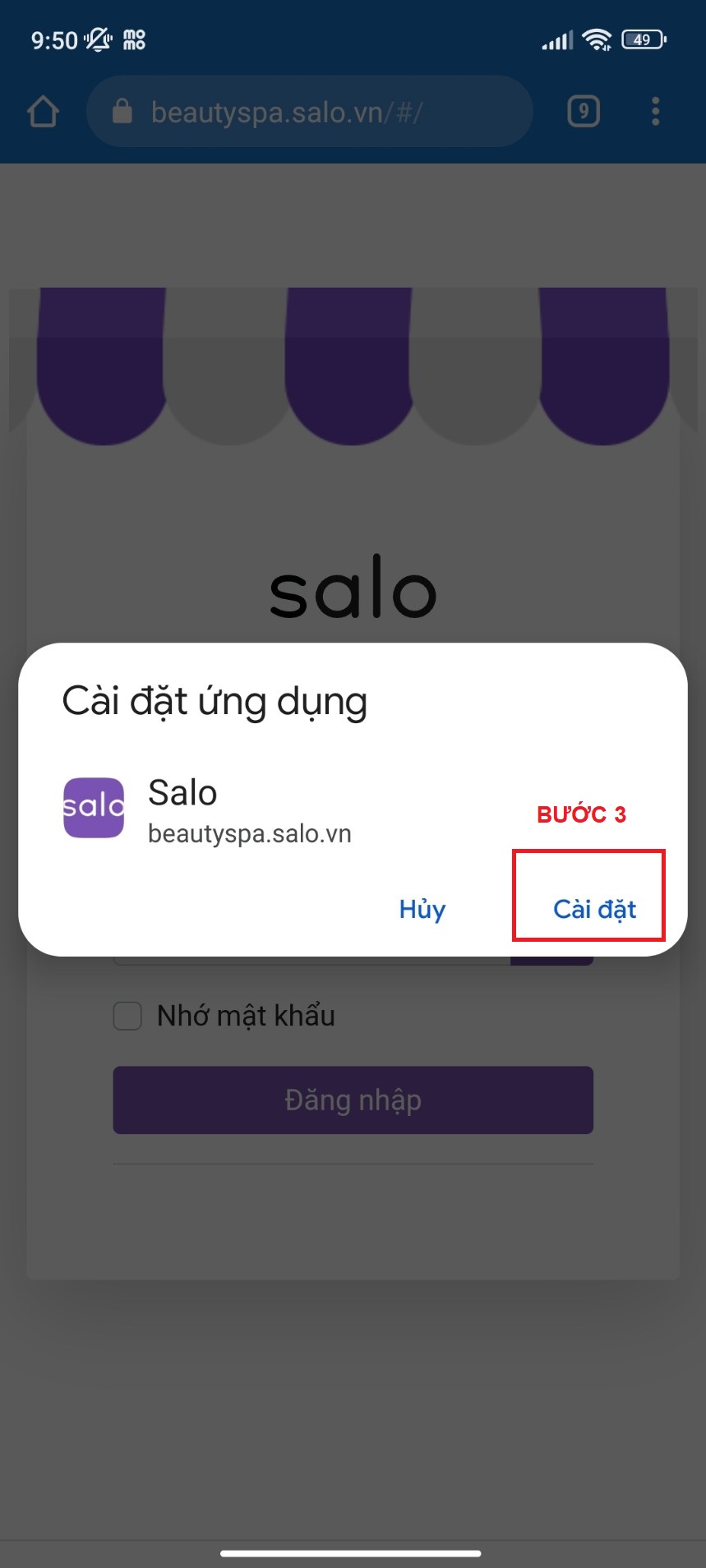 Bước 3: Nhấn nút Cài đặt để tải app Salo